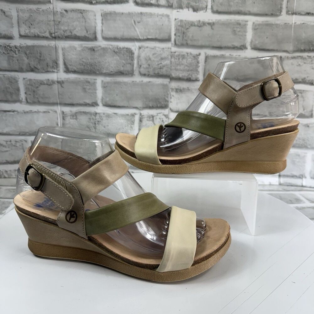 Wanda Panda Meryl Talco Women's Size 38- 7.5 US Olive Tan Leather Wedge Sandals